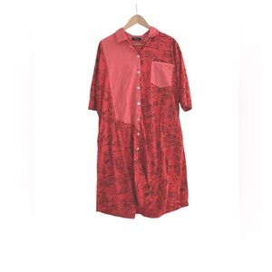 Frocella Coral Cotton Button-Up Dress with Black Print - One Size XL